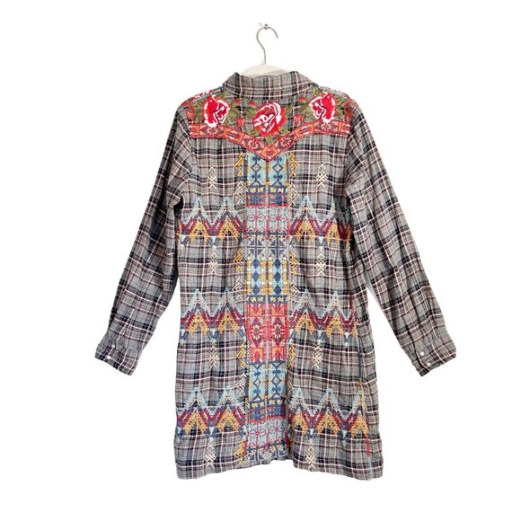 Johnny Was Multicolor Plaid Flannel Floral Long Sleeve Snap Front Tunic - Sz M - Picture 2 of 6